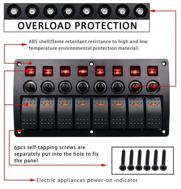 Sur le panneau de commutation en aluminium rocker étanche à l'eau 8 gang 3 brocheur de circuit protection contre la surcharge