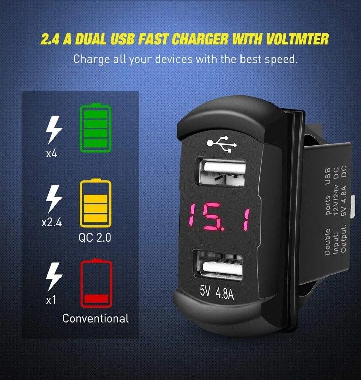DC12V 24V 3 Gang Red LED Light Rocker Boîte de commutateur avec double chargeur USB 4.8A Voltmètre pour voiture Marine camions Bateaux
