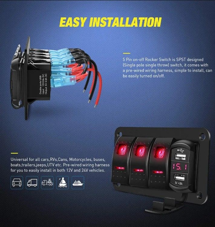DC12V 24V 3 Gang Red LED Light Rocker Boîte de commutateur avec double chargeur USB 4.8A Voltmètre pour voiture Marine camions Bateaux