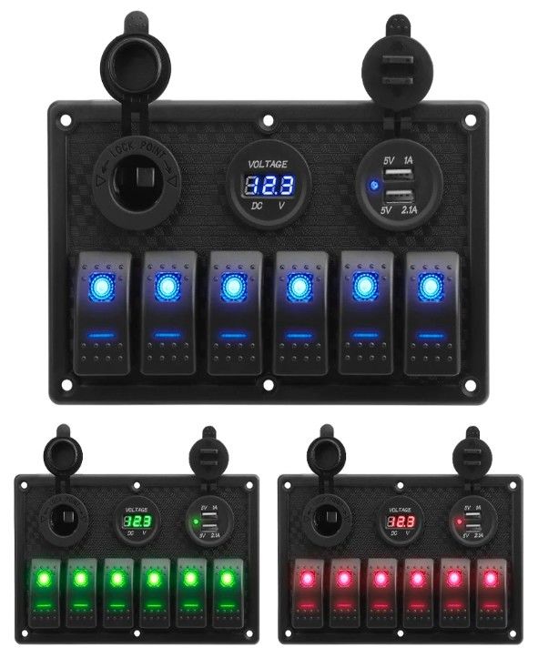 Panneau de commutation étanche pour bateaux marins 6 gang avec double prise USB 3.1A Volt Mètre Blue LED Light