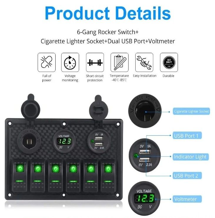 Panneau de commutation étanche pour bateaux marins 6 gang avec double prise USB 3.1A Volt Mètre Blue LED Light