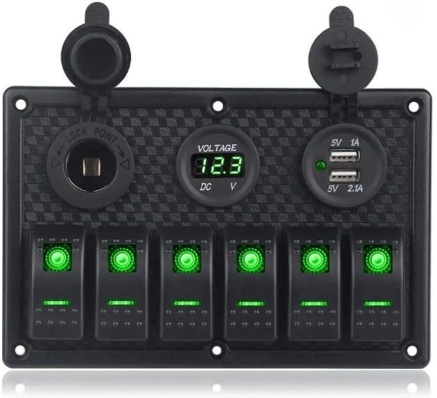 Panneau de commutation étanche pour bateaux marins 6 gang avec double prise USB 3.1A Volt Mètre Blue LED Light