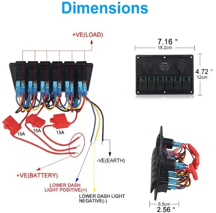 Panneau de commutation étanche pour bateaux marins 6 gang avec double prise USB 3.1A Volt Mètre Blue LED Light