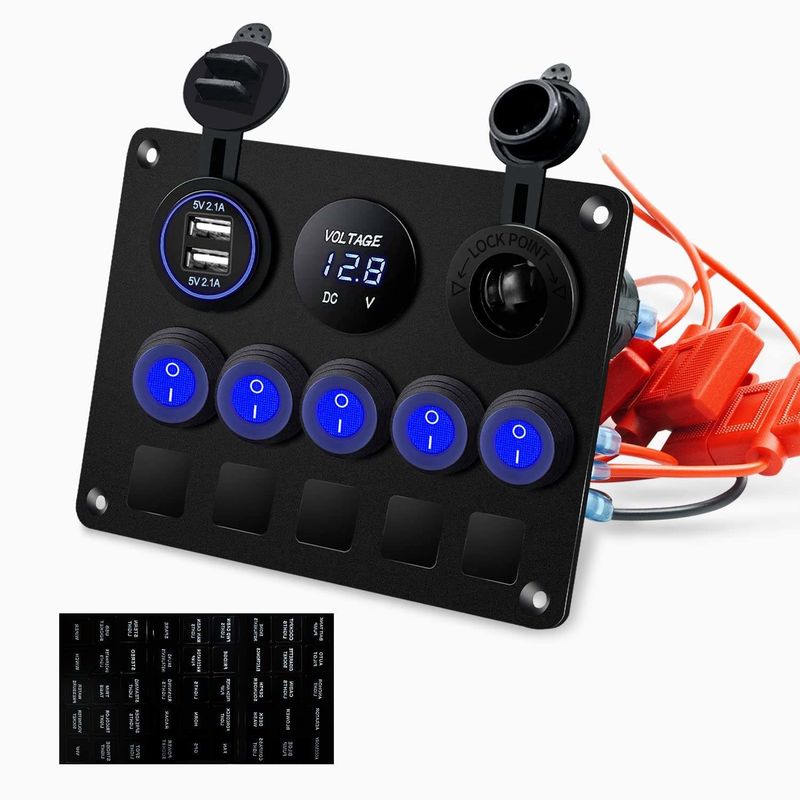Panneau d'interrupteur rocker imperméable à l'eau 5 gang avec prise USB double avec lumières LED bleues