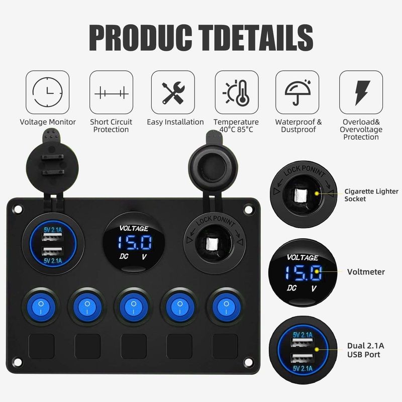 Panneau d'interrupteur rocker imperméable à l'eau 5 gang avec prise USB double avec lumières LED bleues