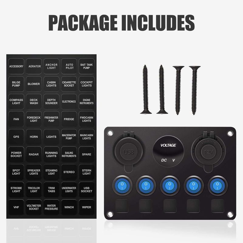 Panneau d'interrupteur rocker imperméable à l'eau 5 gang avec prise USB double avec lumières LED bleues