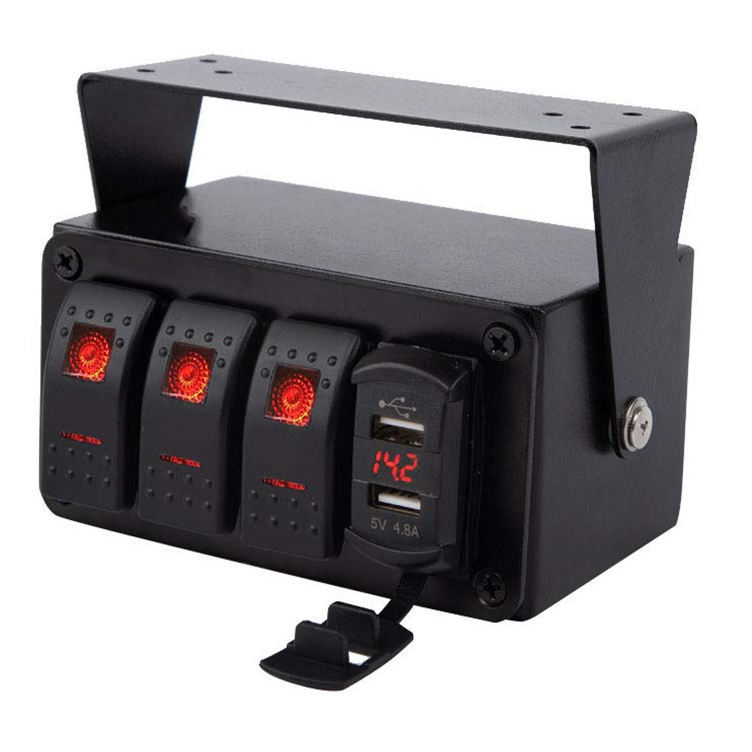 DC12V 24V 3 Gang Red LED Light Rocker Boîte de commutateur avec double chargeur USB 4.8A