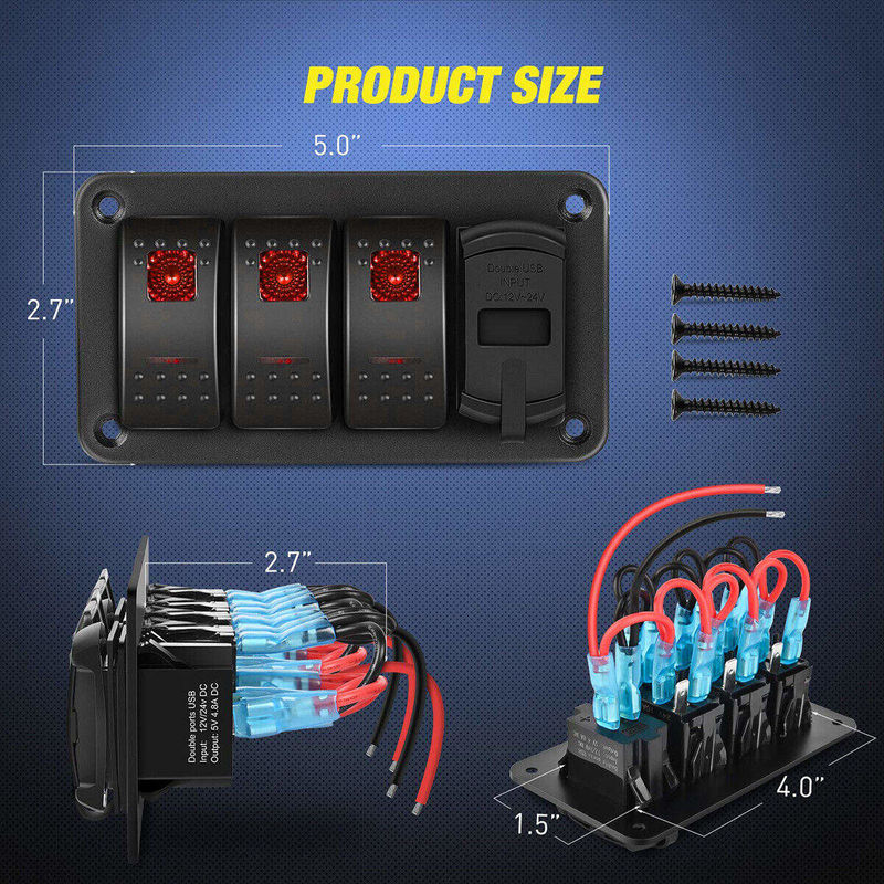 DC12V 24V 3 Gang Red LED Light Rocker Boîte de commutateur avec double chargeur USB 4.8A